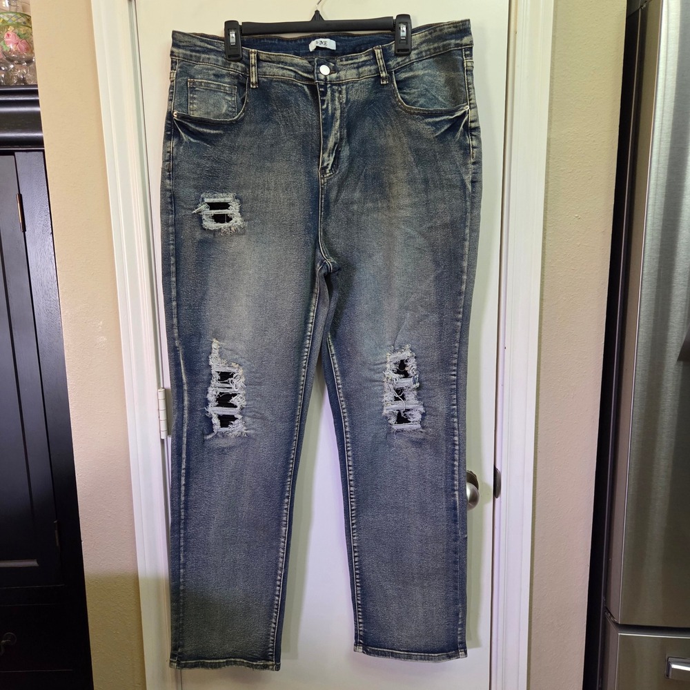 HME Mens Distressed Acid Wash Straight Leg Jeans Blue Size 40 XXXL Ripped Denim